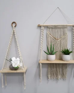 Hand Woven Macrame Wall Hanging with Wooden Shelf