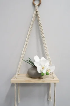 Hand Woven Macrame Wall Hanging with Wooden Shelf