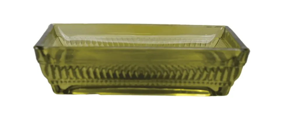 Olive Green Glass Soap Dish – Rectangular with Patterned Rim