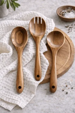 Teak Wooden Salad Spoons, Set of 3