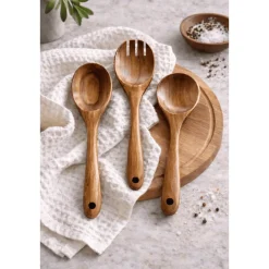 Teak Wooden Salad Spoons, Set of 3