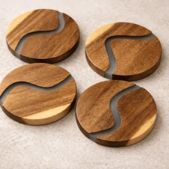 Wood and Clear Resin Coasters Set of 4