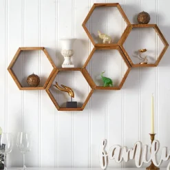 Wooden Hexagon Floating Honeycomb Shelves - Set of 5